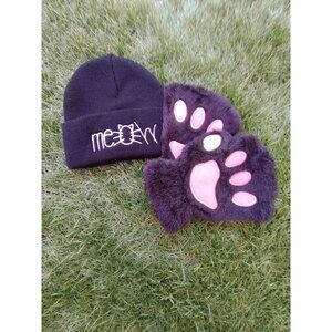 Cat Lover Meow Beanie Skull Cuffed Embroidered Cap & Kitty Paw Mittens 2 Set